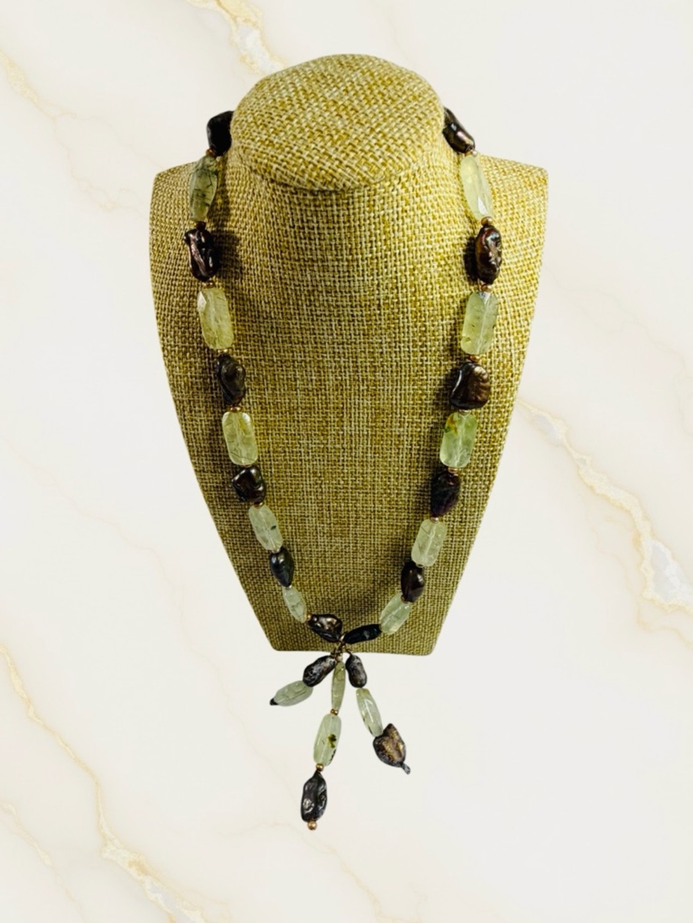 Vintage Sterling Silver Light Green Quartz Crystal Brown Beaded Necklace Toggle